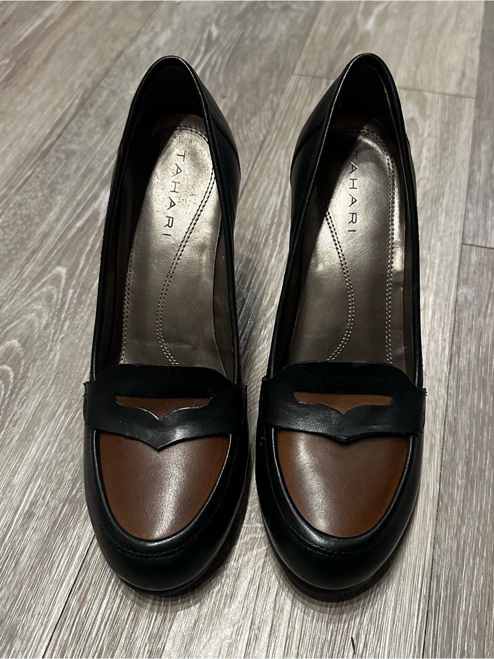 Tahari Black and Brown Two-Tone Leather Block Heel Loafers
